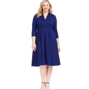 Modcloth Blue Ponte Knit Pleated Fit & Flare Midi Dress V-neck Sz XL 3/4 sleeve